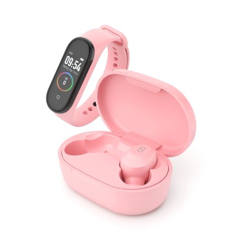 KEPLER TWS earphones, oplaadcase en activity tracker, roze van Ledwood